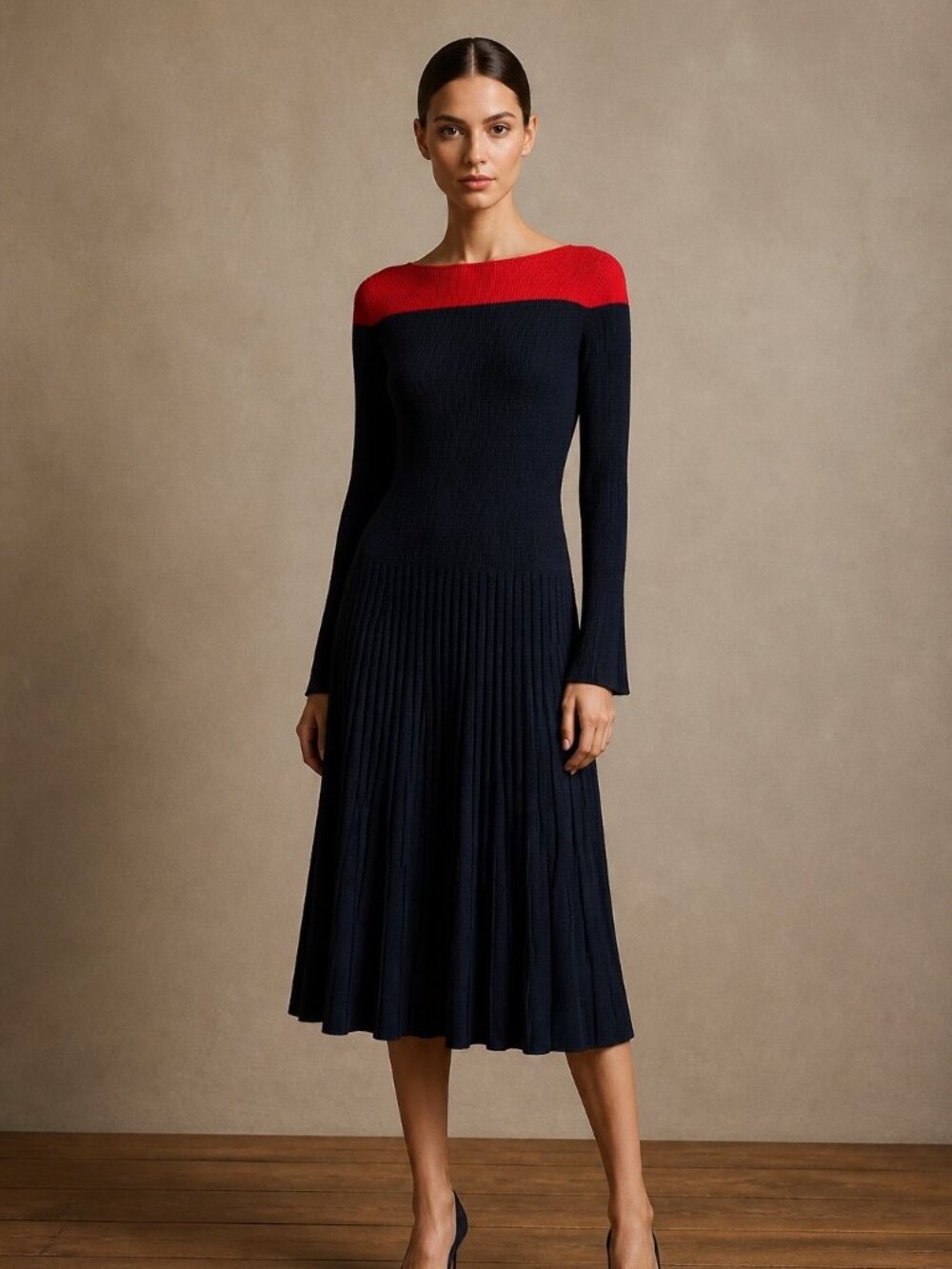 NWT Lauren Ralph Lauren Navy Red Pleated Knit Midi Dress Size M
